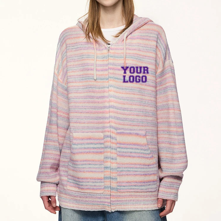 2024 Street Style Custom Women Hooded Cardigan Striped Knit with Front Logo Embroidery and Zipper Closure