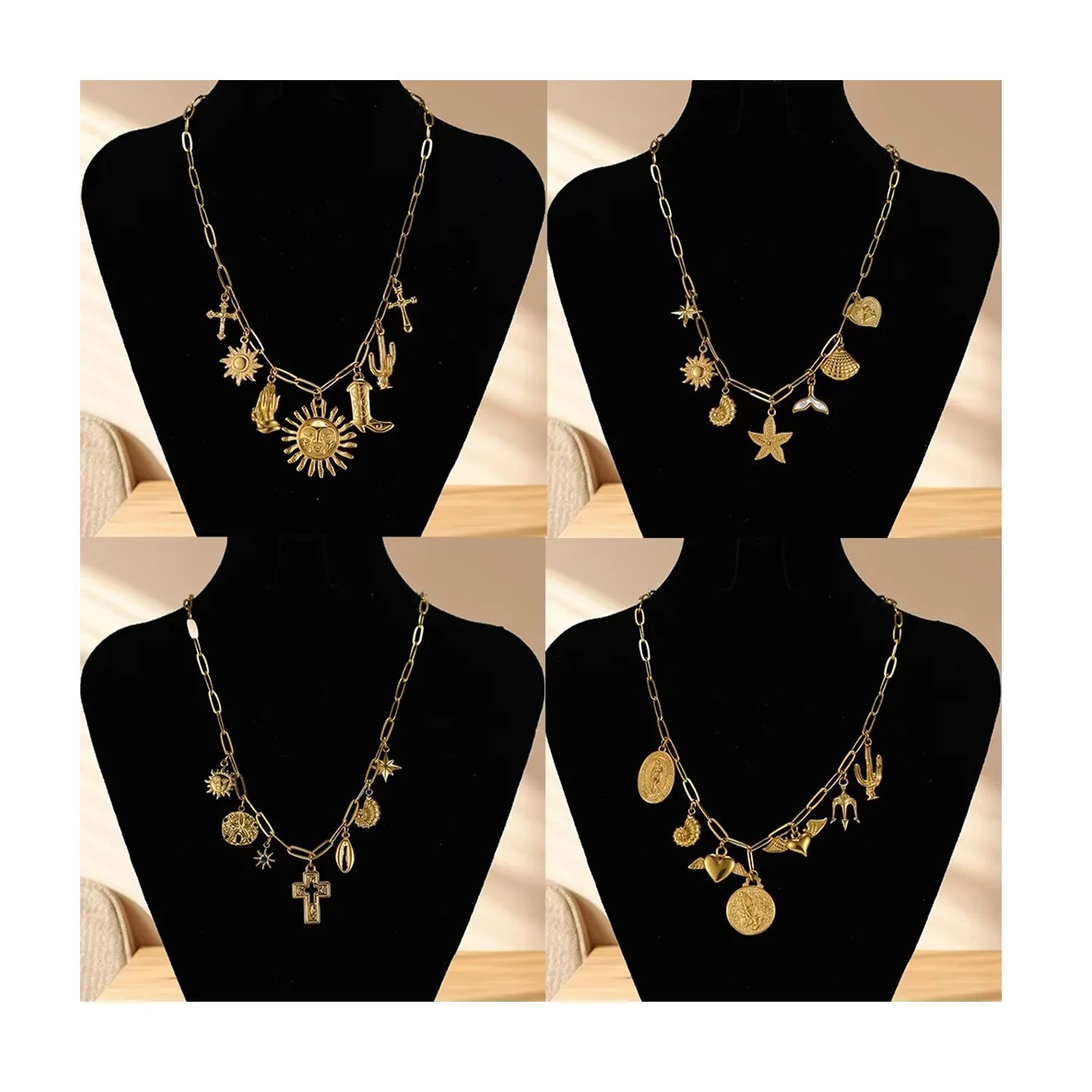 Wholesale Jewelry Stainless Steel Custom Charm Necklace 18K Gold Plated Religious Star Sun Cross Pendant Necklace for Women Gift