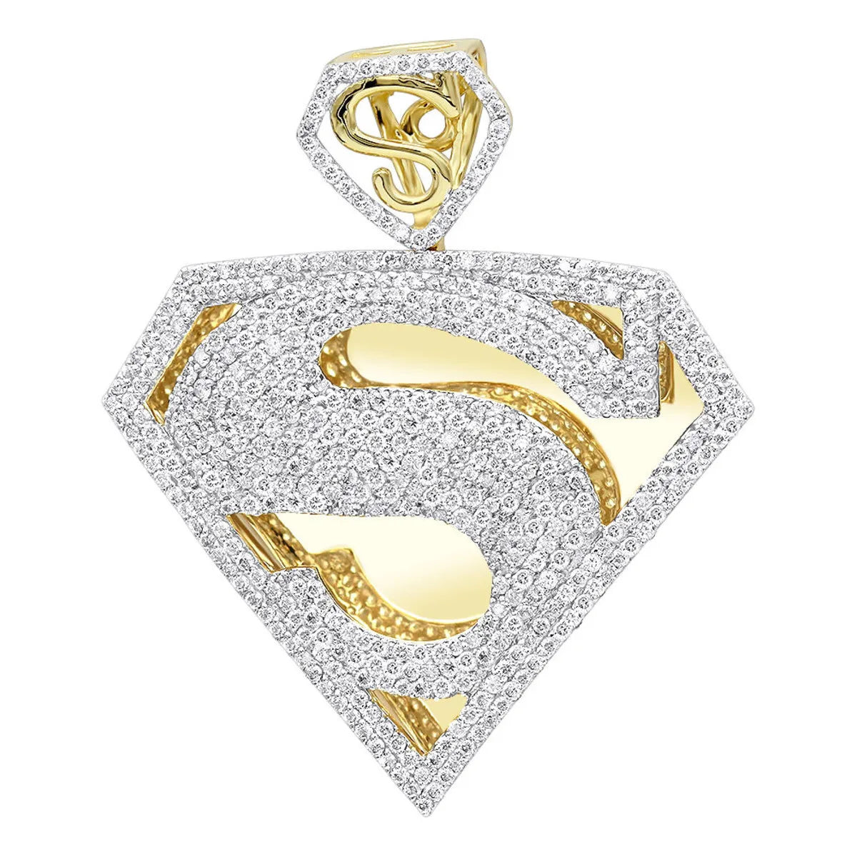 14K Yellow Gold Superman Pendant with 4.5ct Natural Brilliant Cut Diamonds Prong Set IGI Certified Luxury Men's Diamond Charms
