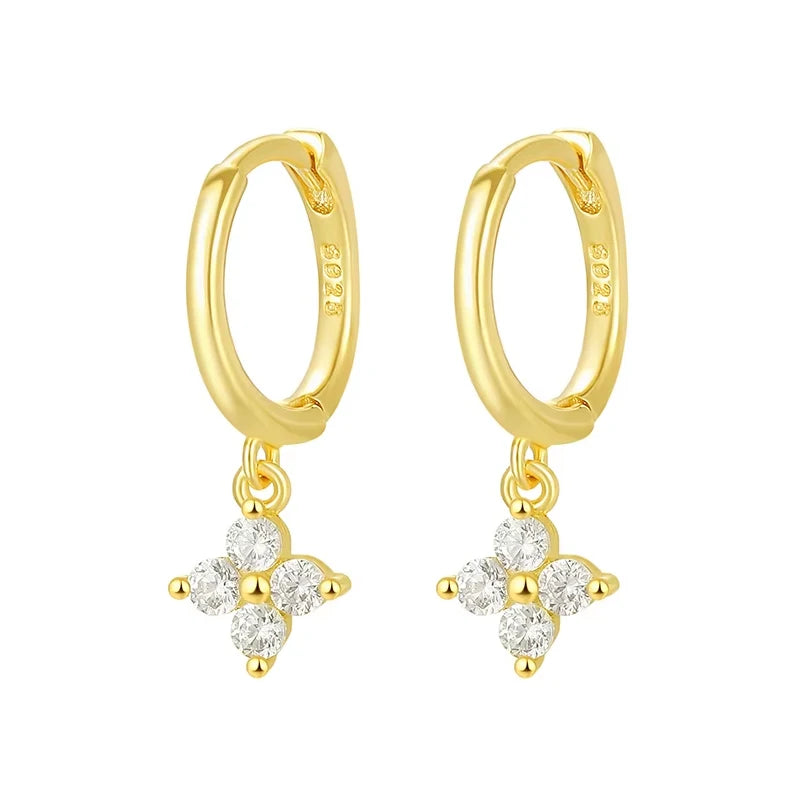 Classic Summer Fine Jewelry 925 Sterling Silver Zircon Four Leaf Clover Earrings for Women Hoop Drop Earrings
