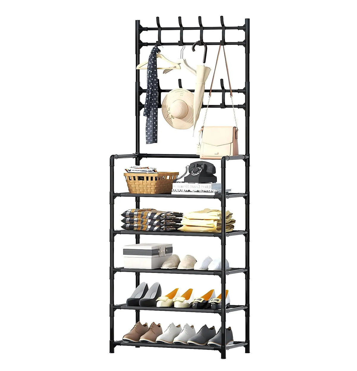 Wholesale Most Sold 2026 Coat Clothes Bag Storage Floor Stand Shelf Folding Shoe Rack for Bedroom Dormitory With Hangers Hooks MegaBDM