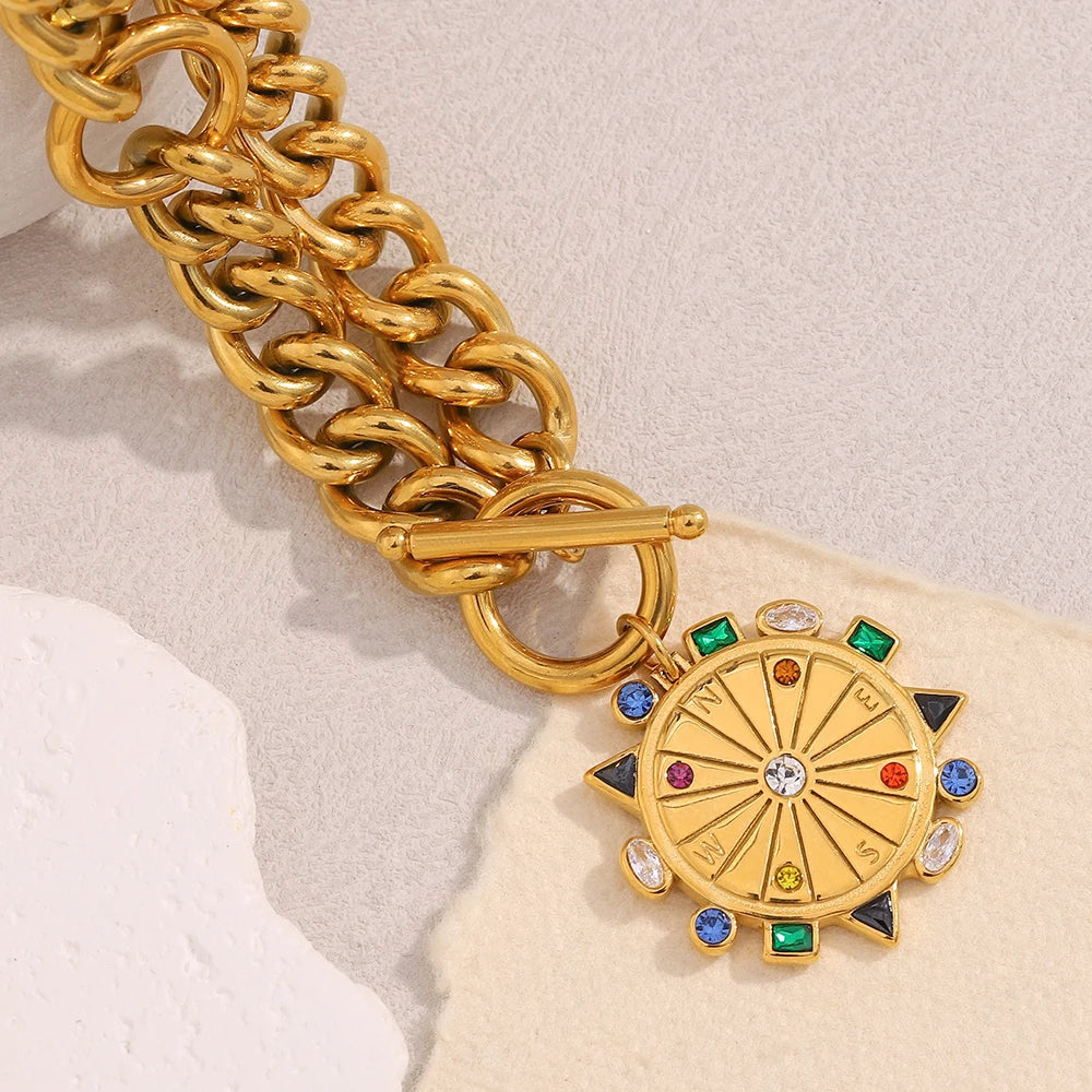 Dreamshow Compass Colorful Zircon Pendant Necklace 18k Gold Plated Jewelry Chunky Statement Cuban Chain Stainless Steel Necklace