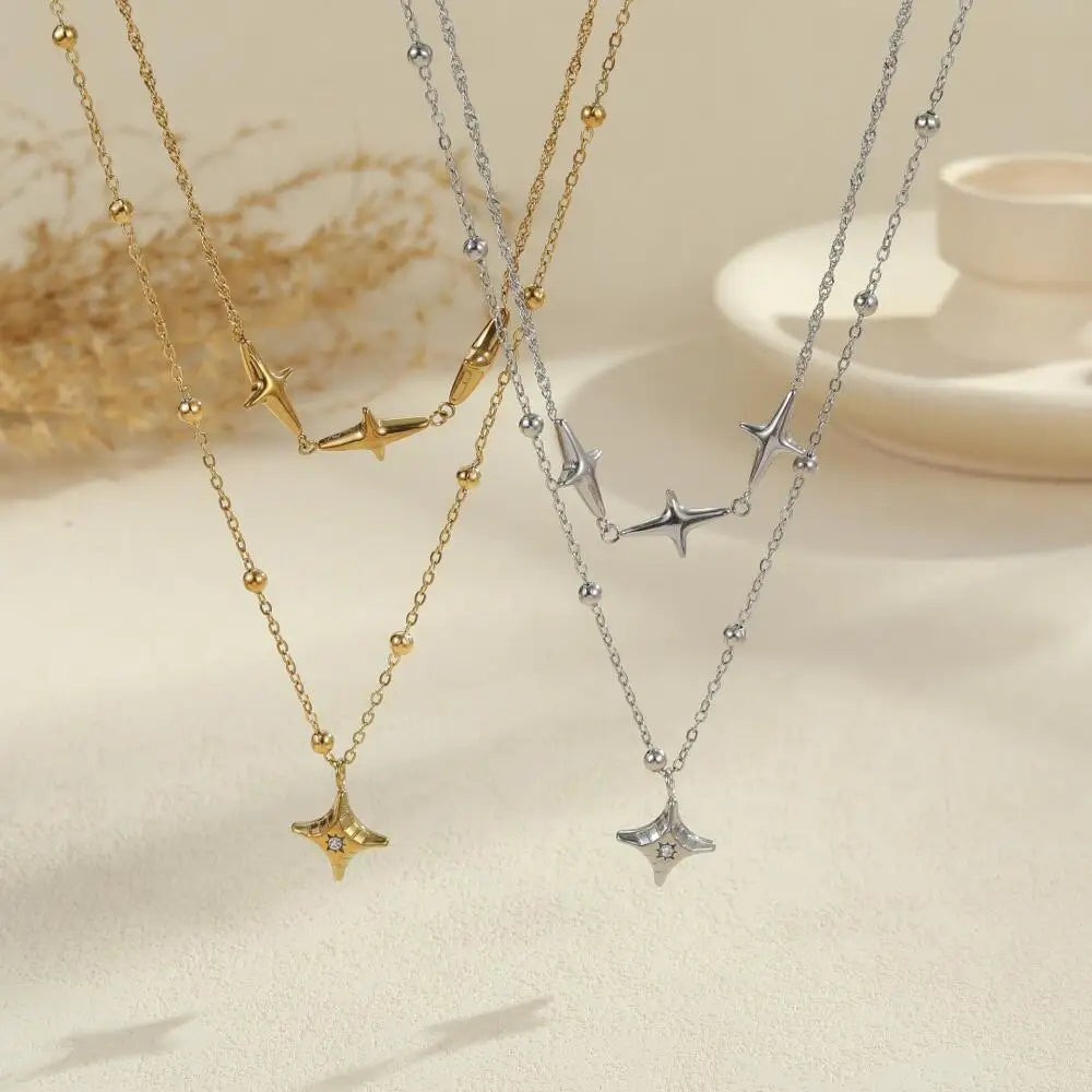 Layered Necklace Gold Plated Stainless Steel Zirconia Double Layer Star Pendant Valentine's Day Gifting