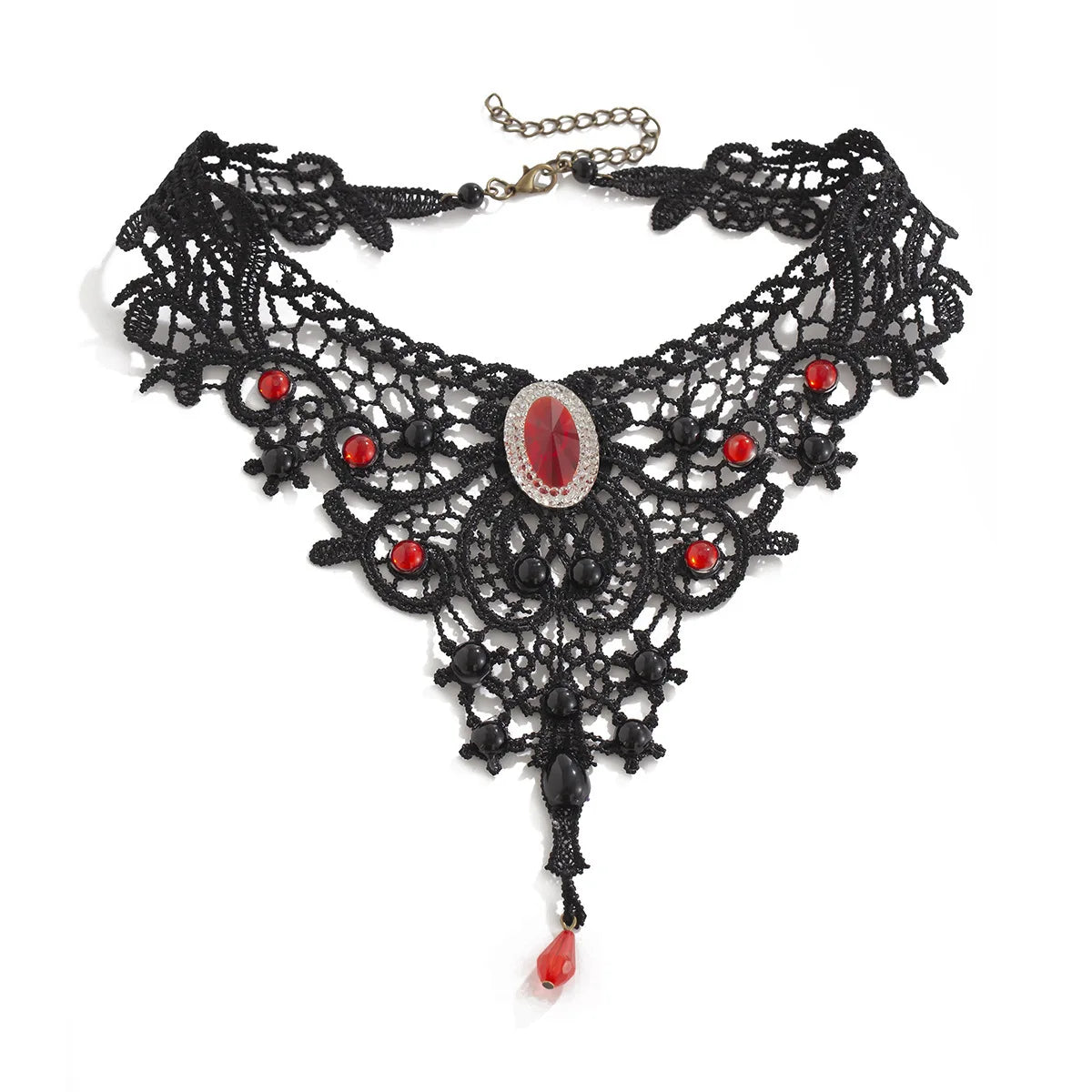 Cross-border Vintage Goth Lace Pearl Necklace Dark Tie Ruby Crystal Pendant Collar
