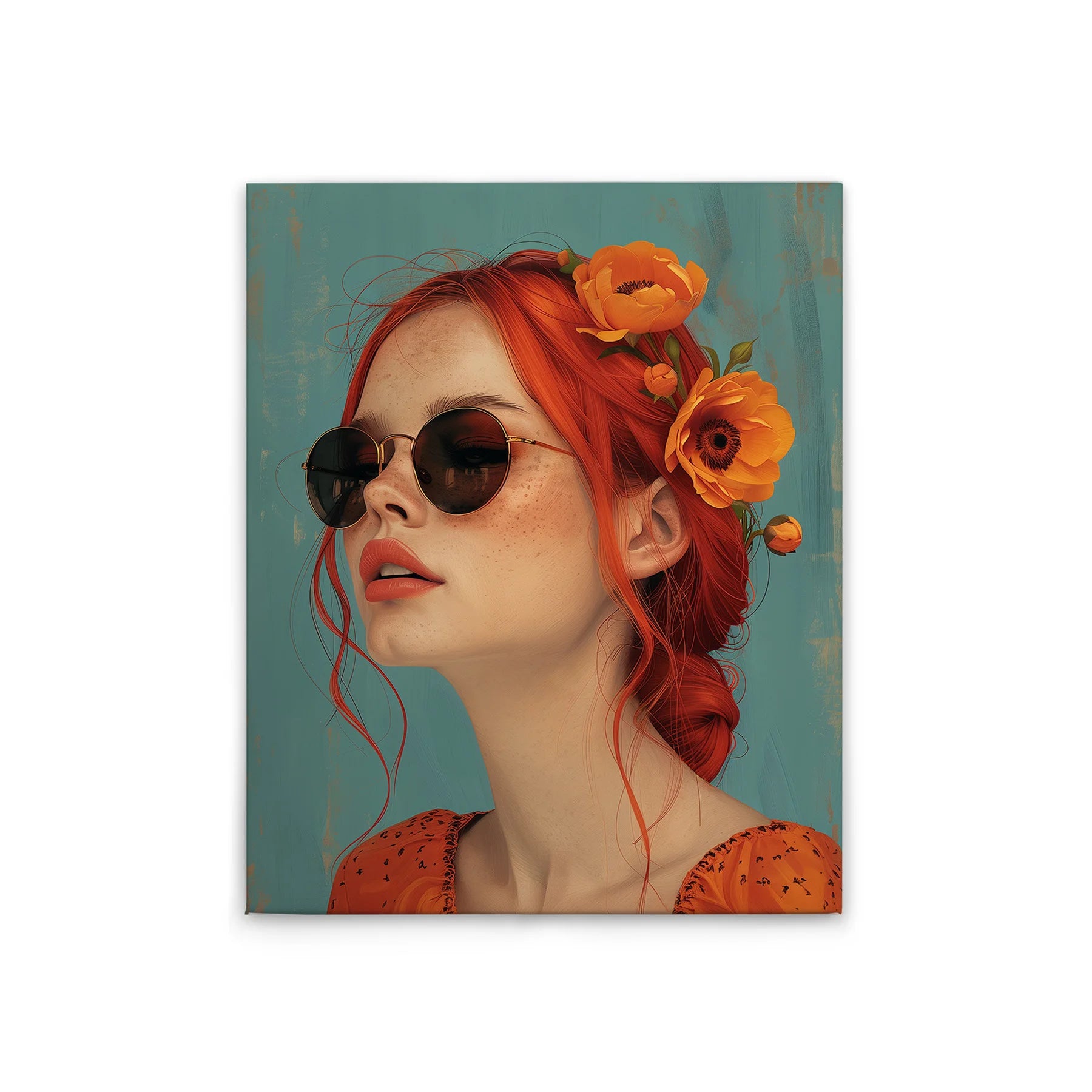 Made In Germany - Home Decor Canvas Picture Flowergirl - Wall Mural In Orange And Blue - Canvas Picture On Stretcher Frame
