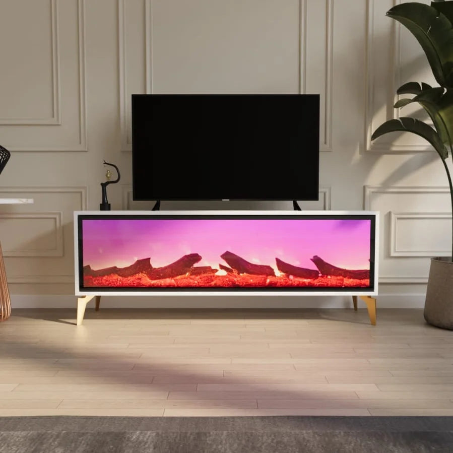 Wooden Panel Electronic Fireplace Coffee Table Living Room Furniture Modern Luxury Gold with Bluetooth Connection