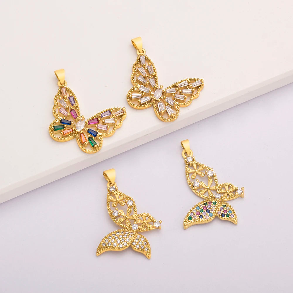 QIKU Fashionable Colorful Rhinestone Butterfly Charms 18K Gold Plated Zircon Copper Pendants for Jewelry Necklace Making