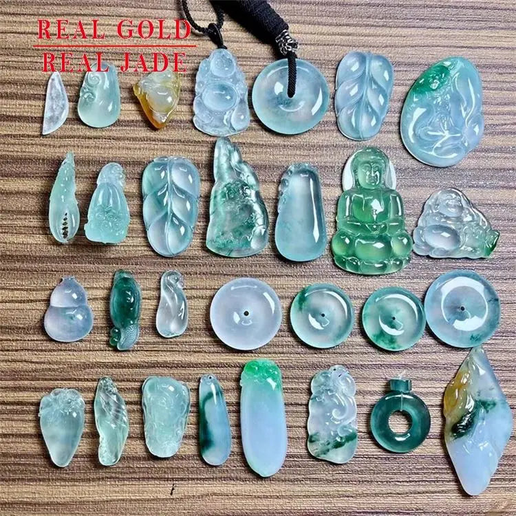 Jadeite Natural a Cargo 18K Inlaid Ice-Like Ruyi Leaf Blessing Melon & Beans Safe Retaining Ring Avalokitesvara Buddha Pendant