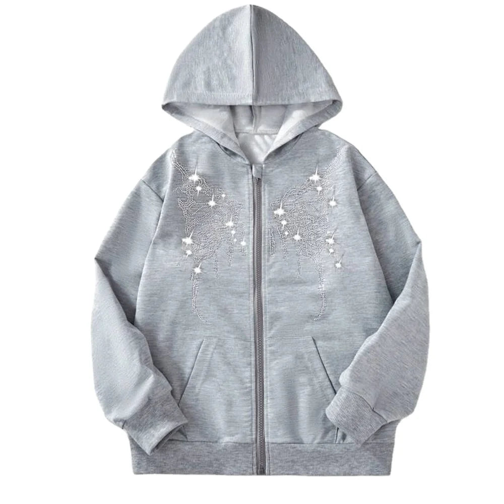 Grey Rhinestone Zip Up Hoodie 450GSM Heavyweight Cotton Oversized Streetwear Full Zip Sweatshirt Butterfly Wing Crystal Design