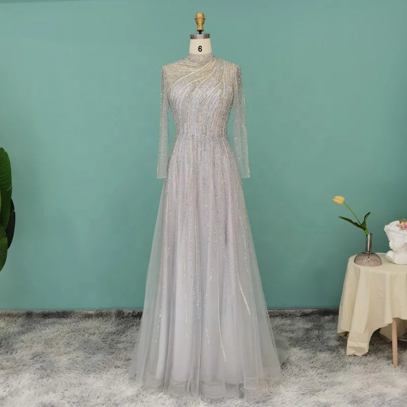Jancember LSCZ62 Fashion Embroidery Beading Crystal Full Sleeves Floor Evening Prom Dress