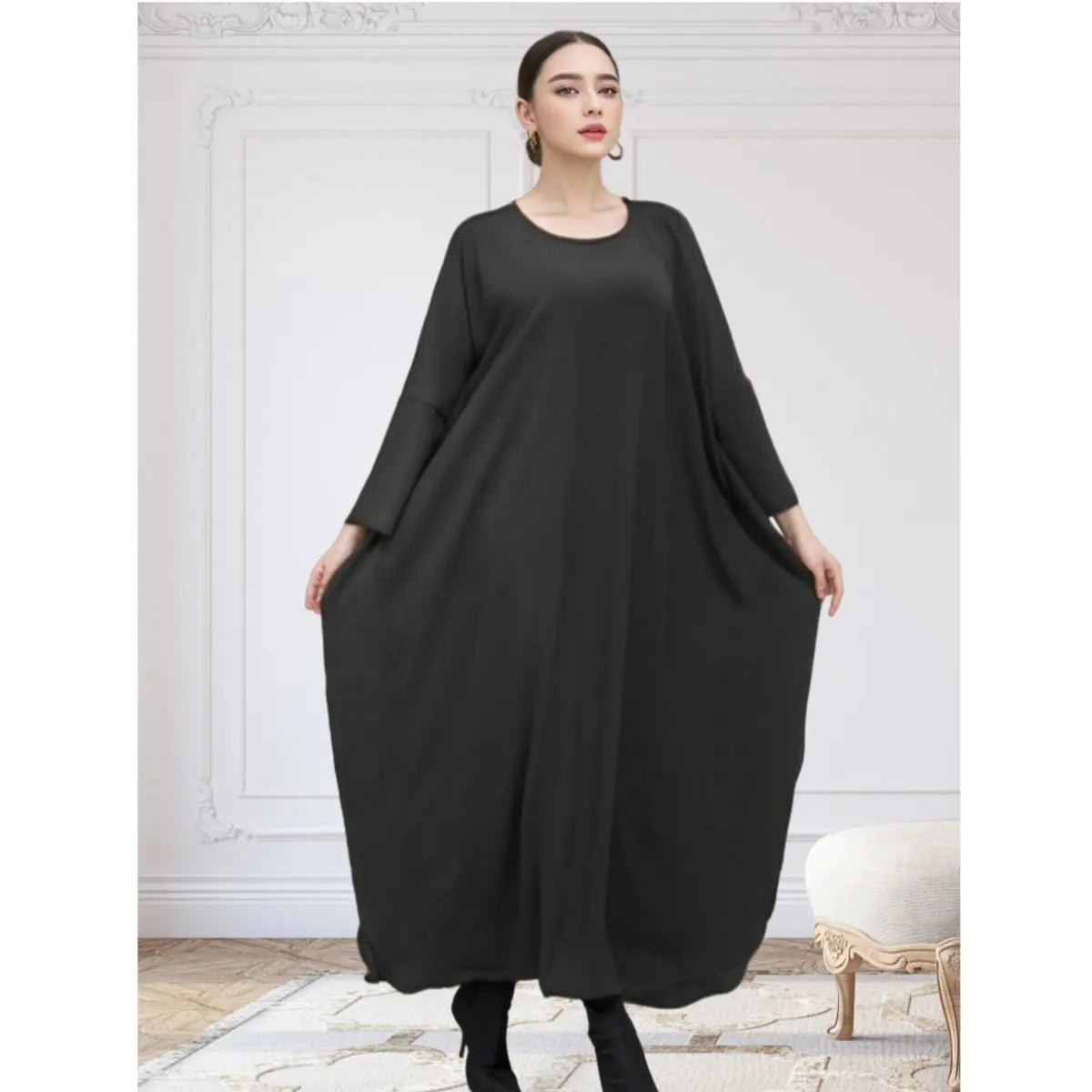 Batwing Sleeve Top Women Fashionable Loose Fit Long-Sleeved Long Dress With Round Neck and Versatile Style
