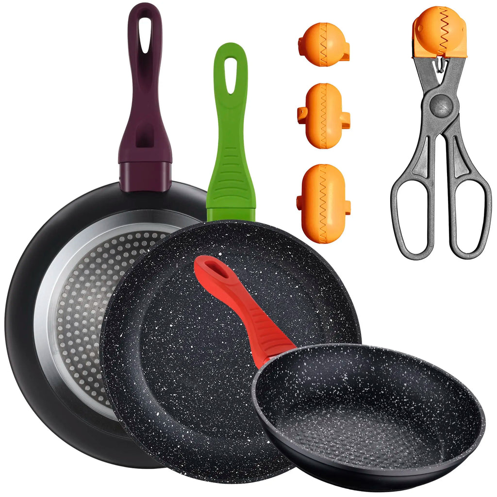 3-PACK OF FORGED ALUMINUM FRYING PANS (20/24/28CM) + MULTI-PURPOSE UTENSIL WITH 4 INTERCHANGEABLE MOLDS