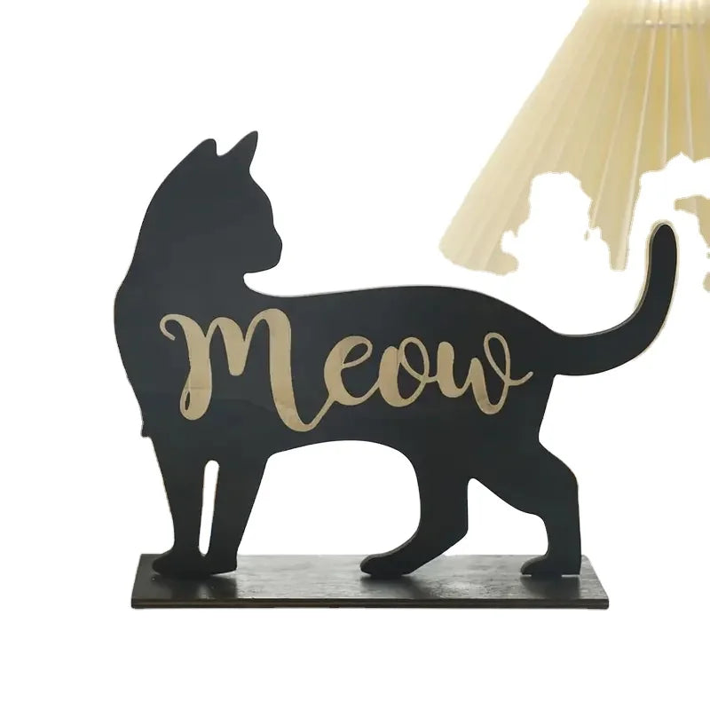 Rustic Wooden Cat Welcome Sign Modern Art Style Indoor Table Top Bookshelf Cat Name Carving for Yard Garden Decor or Display