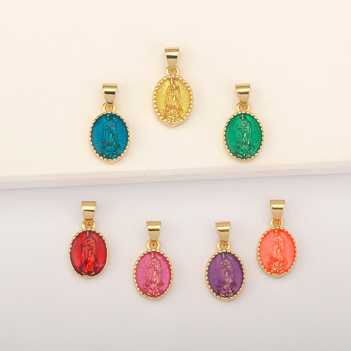 QIKU 18K Gold Plated Our Lady of Guadalupe Pendant Oval Frame Catholic Religious Charm Necklace Vintage Jewelry for DIY Making