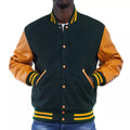 Dark Green Varsity Jacket with Tan Sleeves Wool Body Snap Button Yellow Rib Trim College Baseball Bomber Letterman Coat