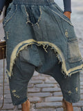 Cross-Border Women's Wholesale Distressed Brushed Fleece Fashion Loose Harem Jeans - Trendy Style