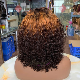 Virgin Hair Vendors Super Double Drawn 12Inch 3 Tone Color Luxury Curl Wig With Bangs