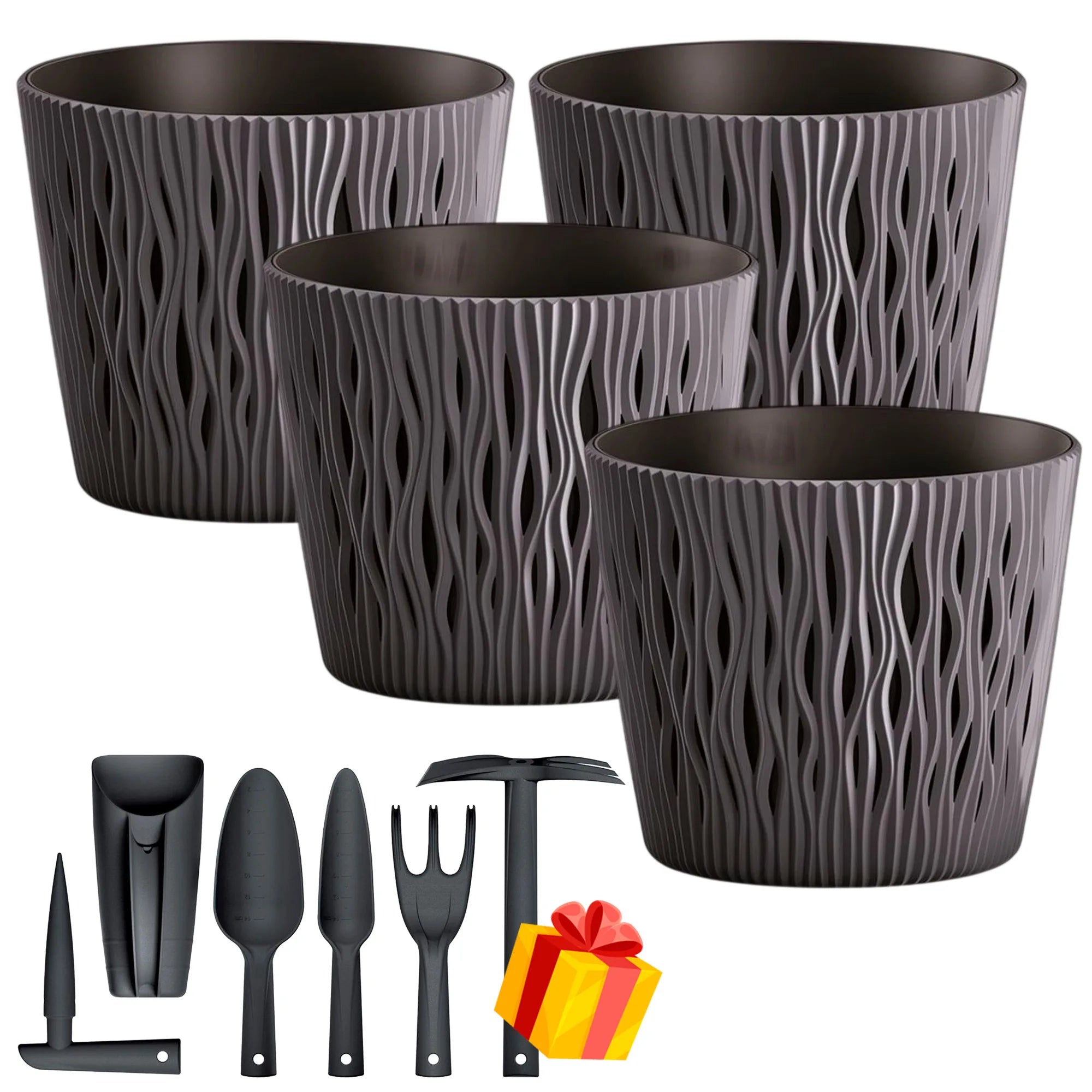 Set of 4 Sandy Round 3L round plastic flower pots in anthracite color 18.9 x 18.9 x 16.5 cm + FREE set of 6 garden tools