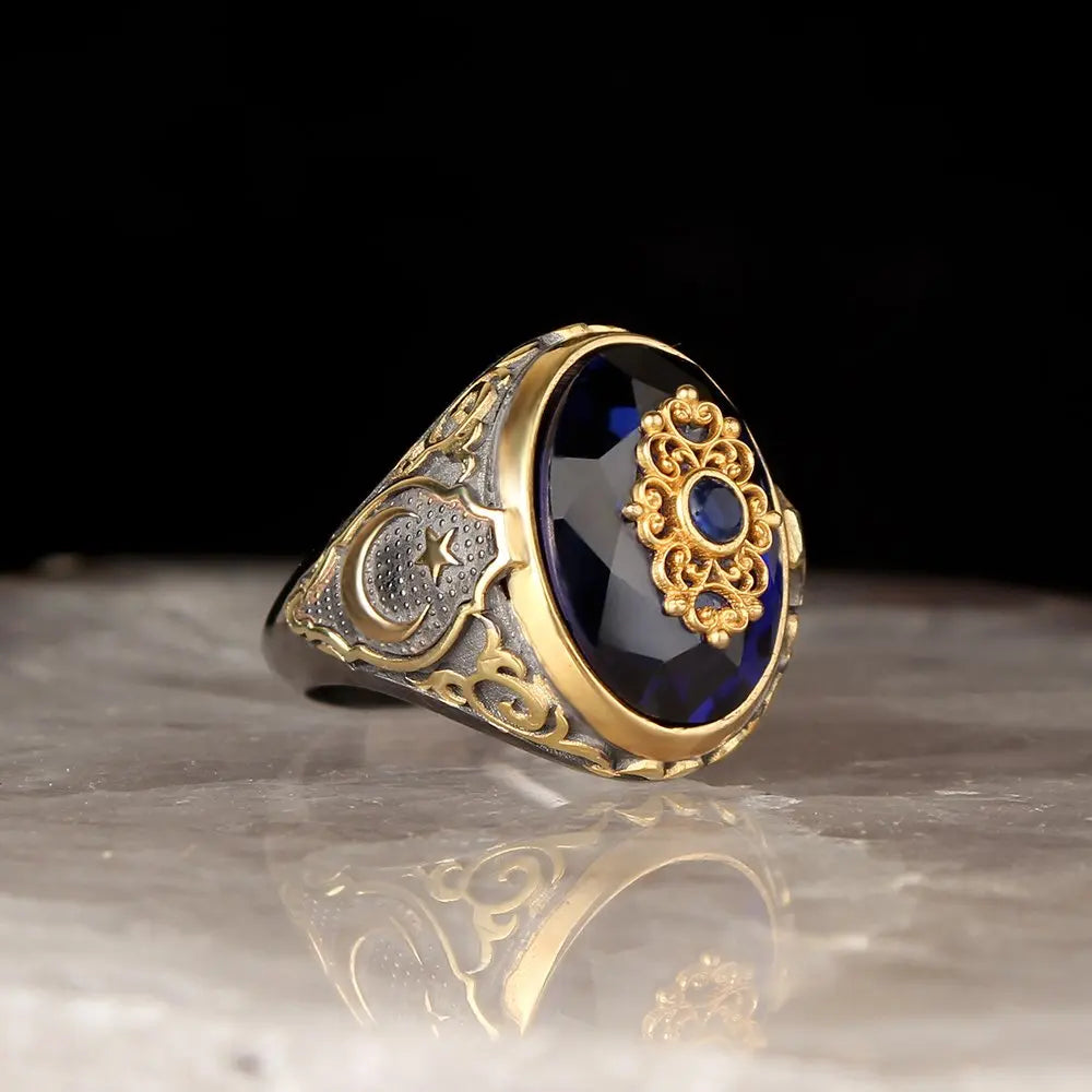 Turkish Style Vintage 925 Sterling Ottoman Style Men's Ring with Rhodium and Gold Bi-color Plating Model RCEGYT-262