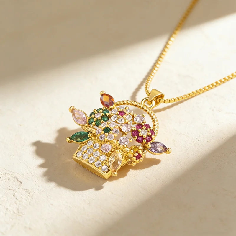 QIKU Romantic Flower Basket Shape Colorful Rhinestone Pendant Women Necklace Copper Zircon Jewelry Accessories Gift Dropshipping