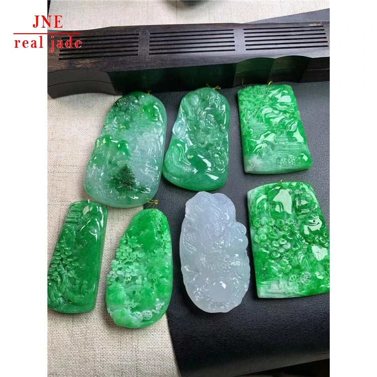 Myanmar Natural a Type Jade Ice-Like Sun Green Zodiac Dragon Blue Water Pendant SANCAI Artistic Conception Landscape Pendant