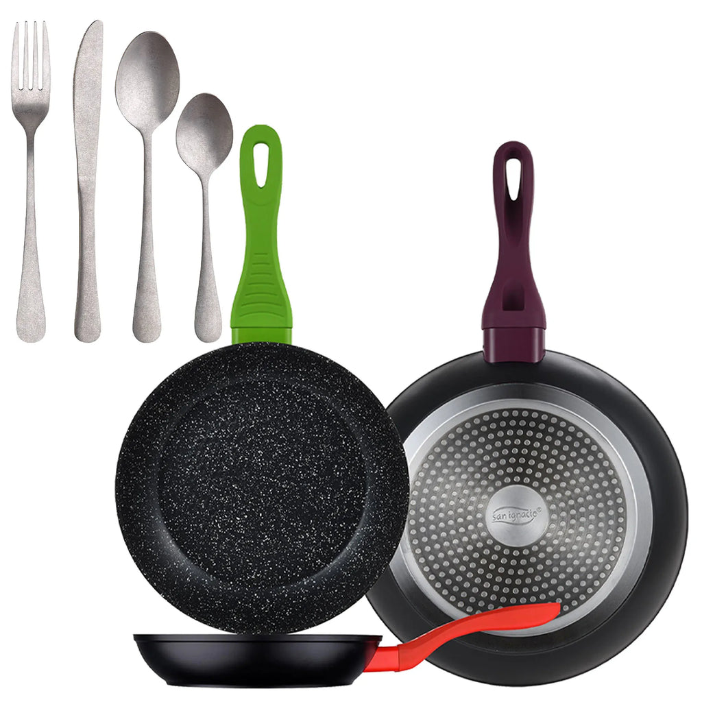 Set of 3 San Ignacio 20/24/28 forged aluminum frying pans induction compatible + Set of 16 stainless steel cutlery