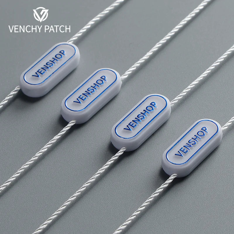 Custom Hangtag Lock Rope Polyester Product G String Luxury Cloth Embossed Logo Plastic Seal Hang Tag String