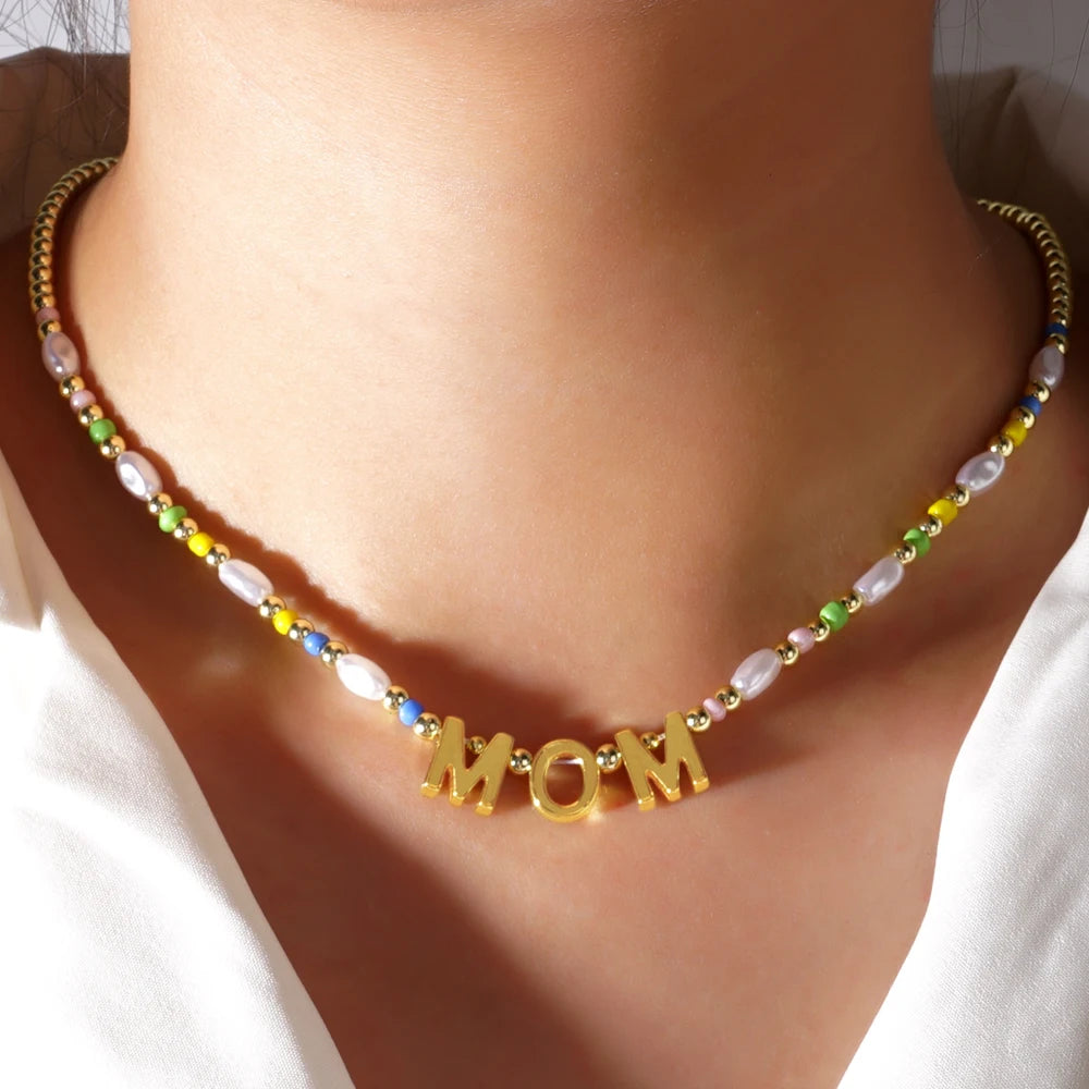 Go2boho Custom Gold Plated Mom Letter Necklace for Women Handmade Bohemian Shape Pearl Beads Mother's Day Gift Jewelry
