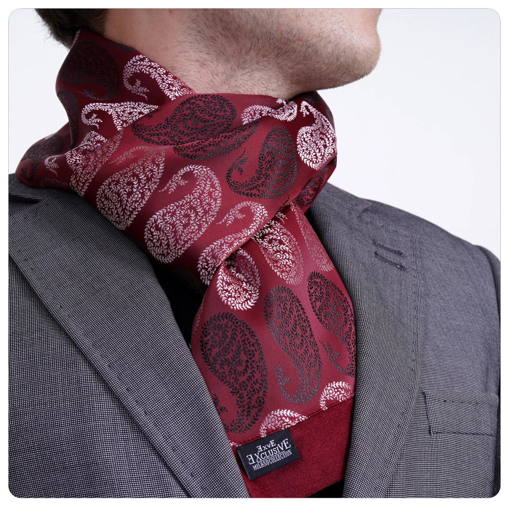 Exve Exclusive Elegant Double-Sided Burgundy Scarf with Silver Black Shawl Pattern Jacquard Woven Knitted