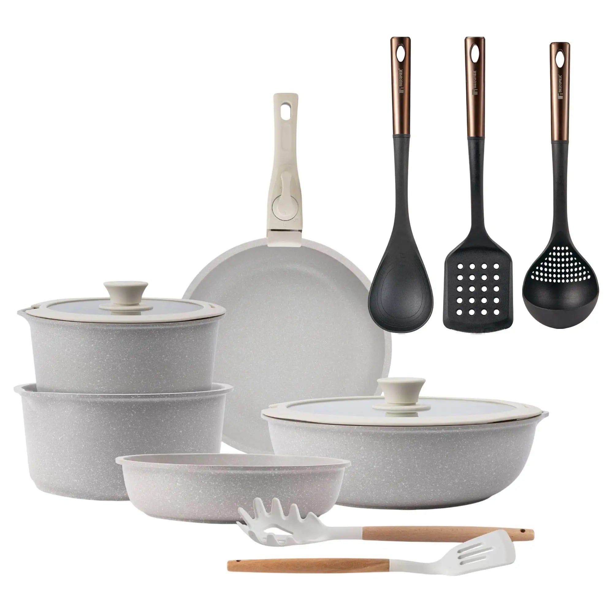 10-Piece Beige Cookware Set with Removable Handles 3 Frying Pans 2 Saucepans Lids and Utensils + Set of 3 Kitchen Utensils