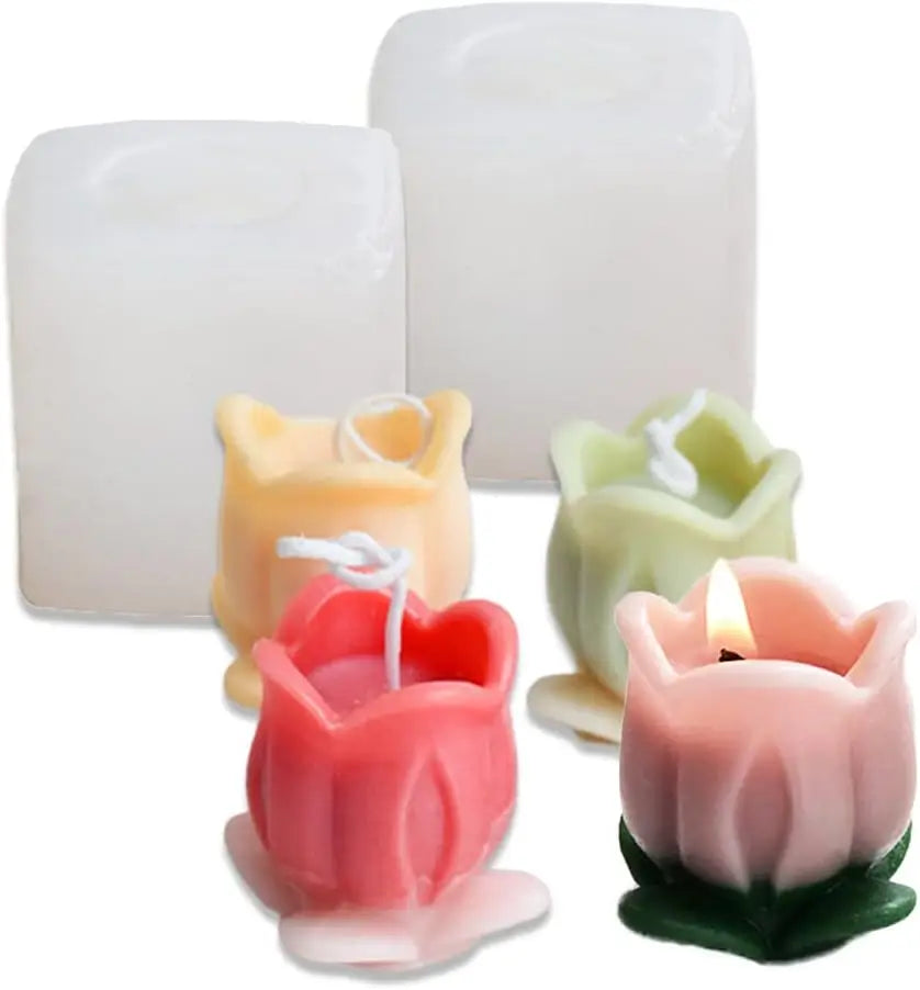 3D Tulip with Leaves Candle Silicone Mold for Making Candles Resin Candle Wax Soap Flower Specimen Clay Craft