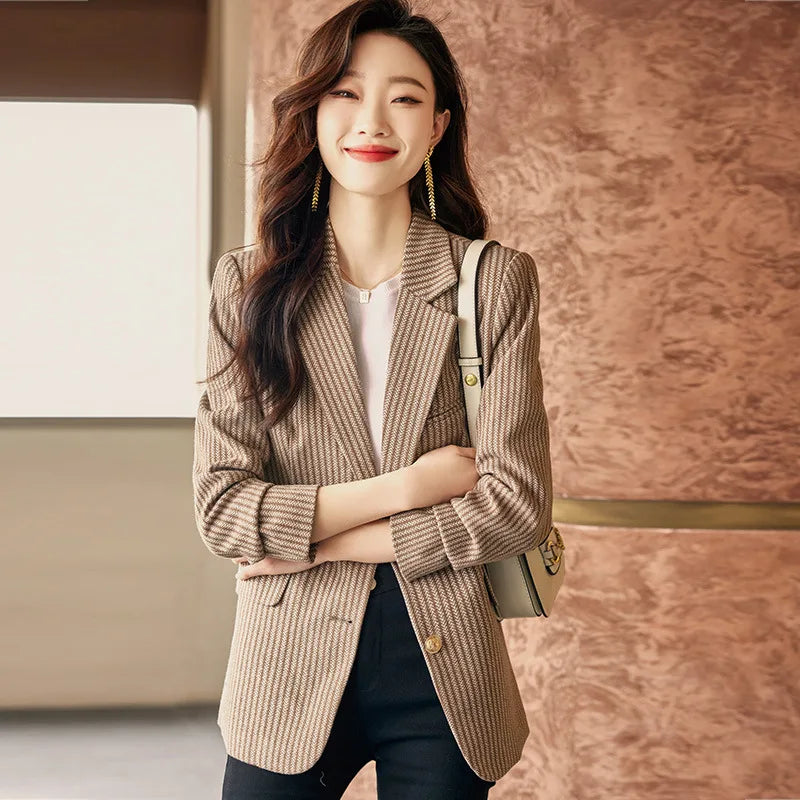 S-3XL Striped Blazers Women's Fashion Office Single-breasted Suit Jacket Retro Fashion Collar Long Sleeve Street Jacket