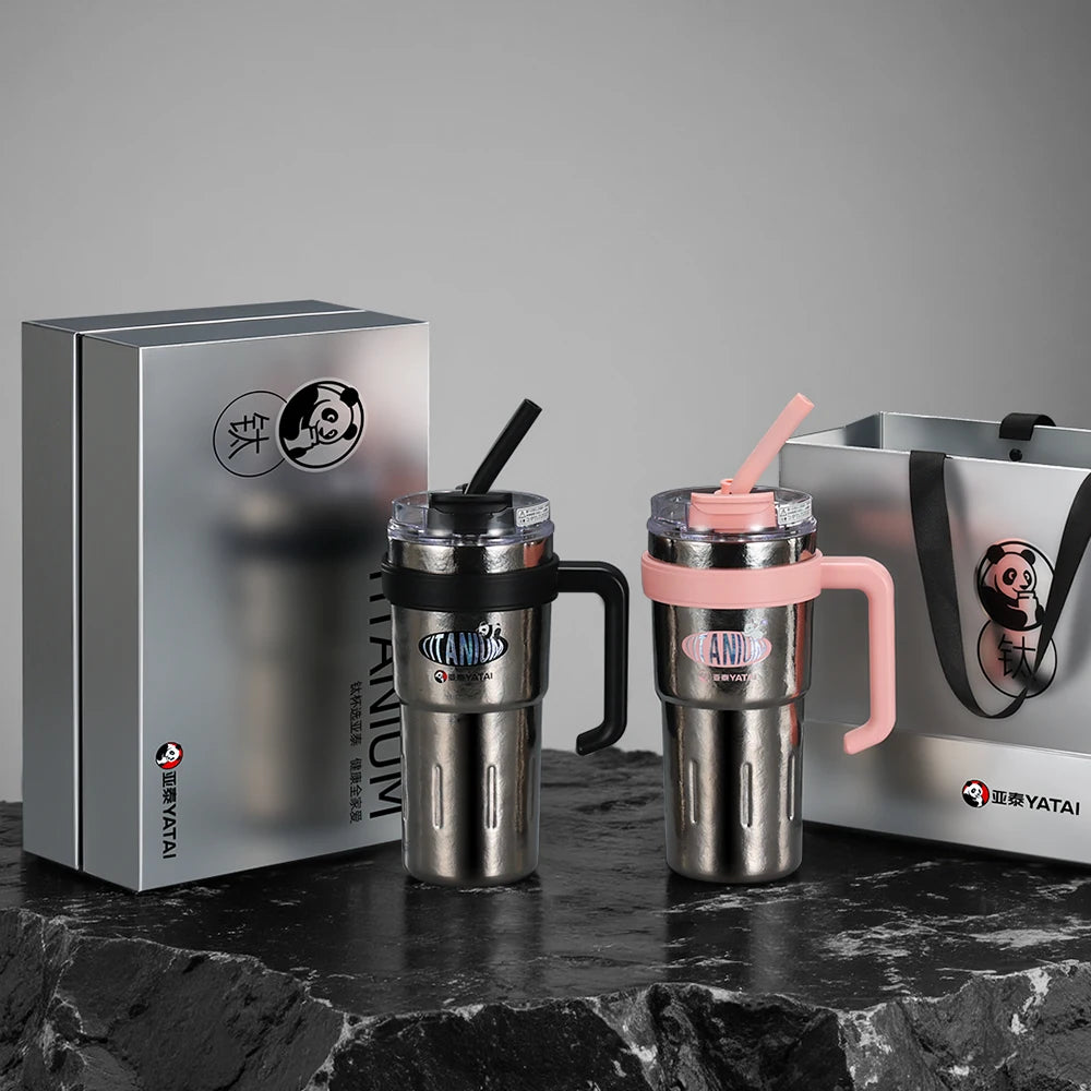 YATAI 800ml Premium Drinkware Panda Mug Set Gift Box Double Wall Vacuum Insulation Pure Titanium Tumbler Water Bottle Gift Box
