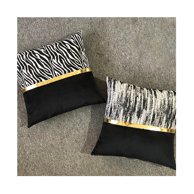 Black Gold Striped Yarn-Dyed Velvet Luxury Stitching Embroidered Leaves Printed Pattern Soft Square Pillow Cushion Cover Home