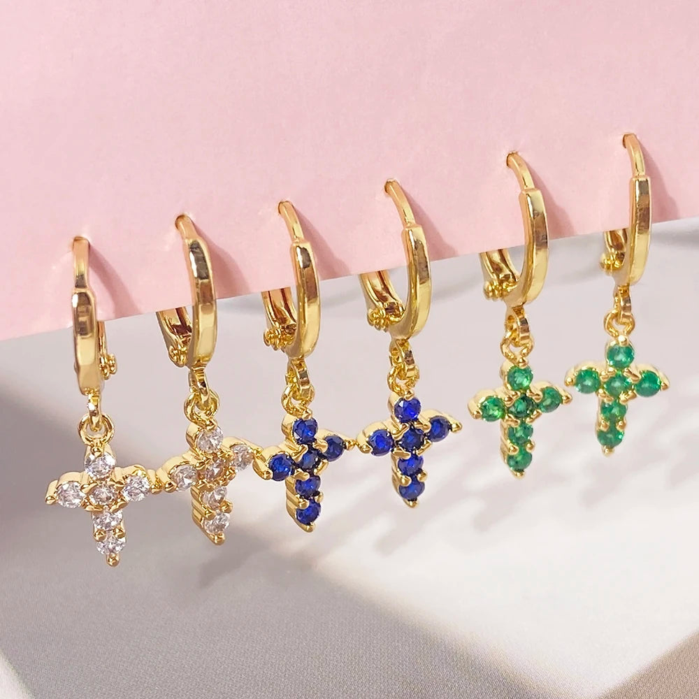 For Foxi Trendy 18K Gold and Rhodium Plated Blue Zircon Cross Hoop Earrings Ready to Ship Brass Jewelry for Gift Occasions