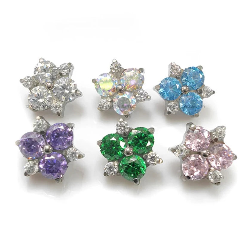 Wholesale Astm F136 Titanium 16G Internally Threaded Zircon Flower Cz Cartilage Flat Back Earrings Tragus Body Piercing Jewelry