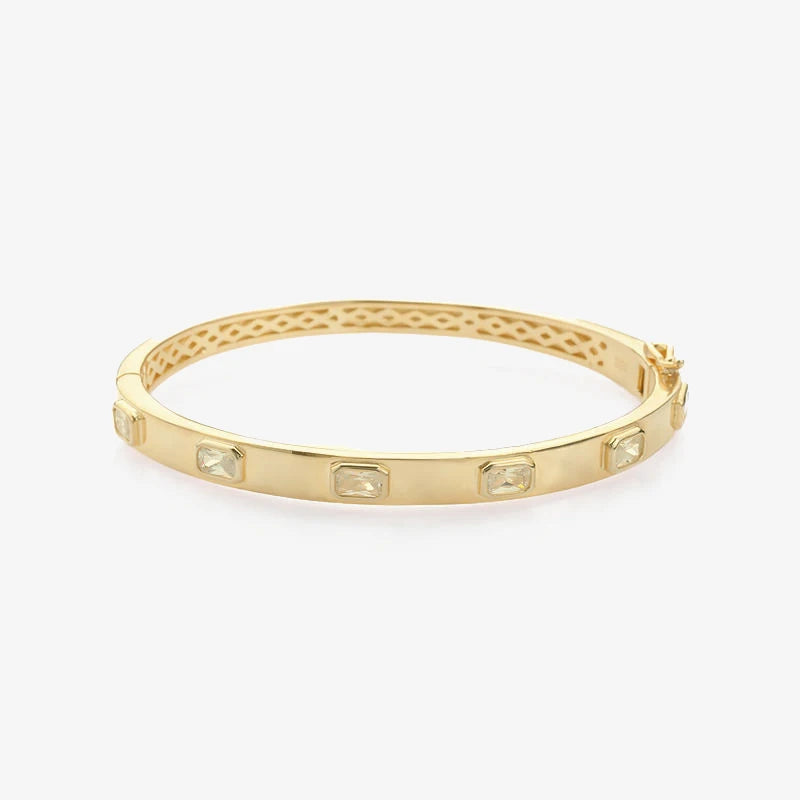 Baguette CZ 925 Sterling Silver Brass Gold Plated Women Jewelry Openable Bangle Bracelet