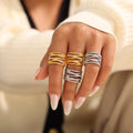 Fenyi Wholesale Jewelry New Multi-layer Twist Cross Diamond Hollow Stainless Steel Plated 18K Gold Personality Ring for Women