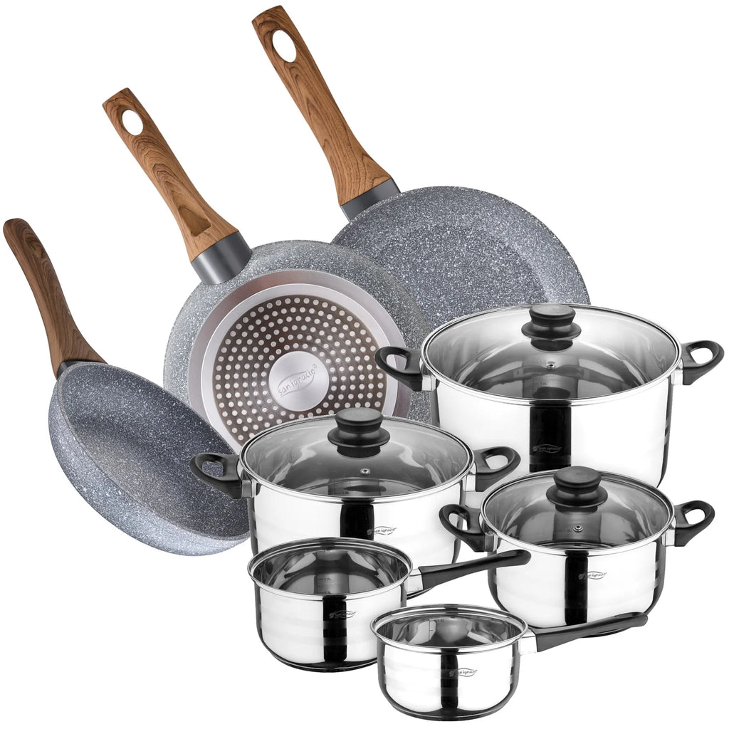 SAN IGNACIO 8-piece stainless steel cookware set with forged aluminum frying pans (22 26 28 cm) from the Daimiel collection