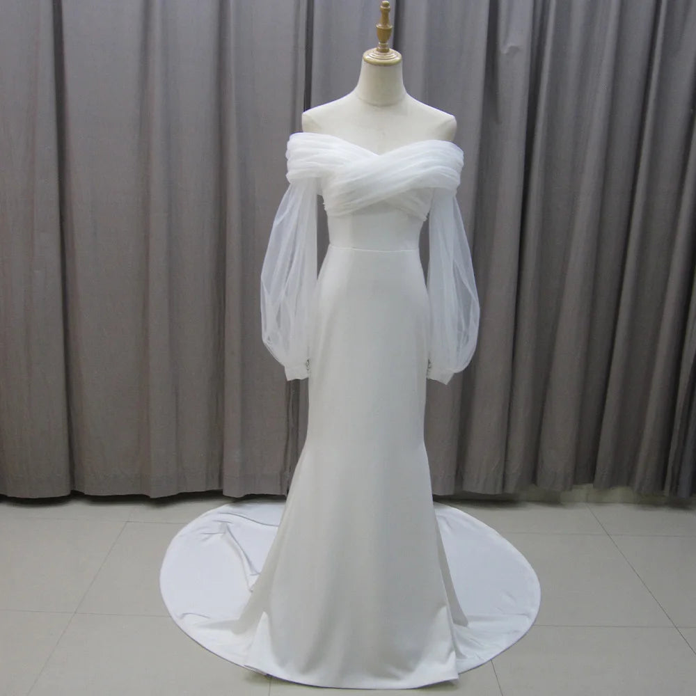 Jancember MZ0020 Boho Tulle Fabric Ruched Off Shoulder Mermaid Wedding Dresses