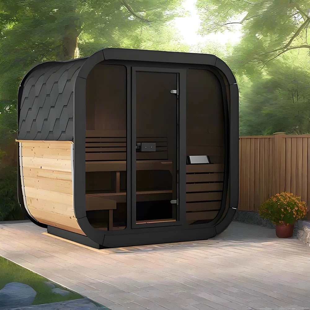 Modern Design Outdoor Canadian Cedar Custom Sauna Cube 6kw Electric Heating Wet Steam Hemlock Computer Control Panel
