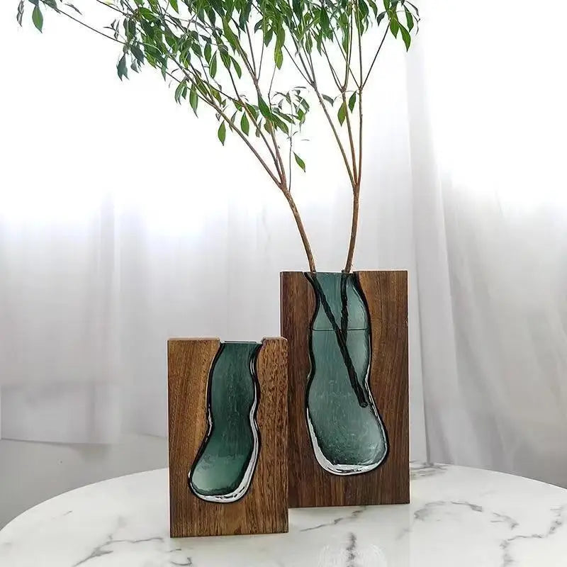 Modern Wooden Frame Glass Vase Hydroponic Planter Propagation Station Indoor Home Garden Terrarium Flower Pots Planters
