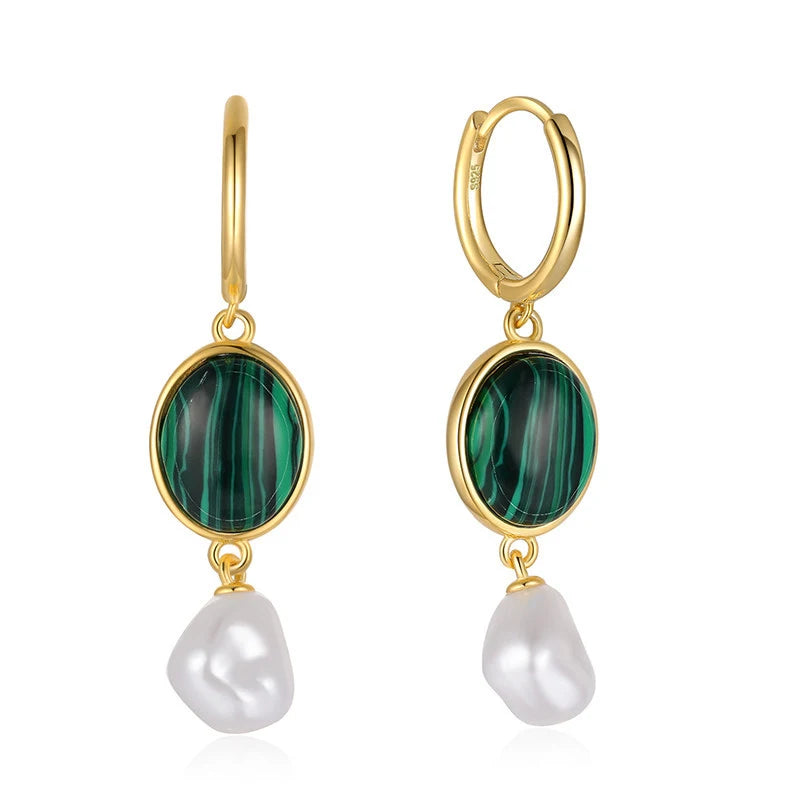 AIJIER 925 Sterling Silver Faux Pearl White Baroque Shape Hyperbole Style Women's Geometric Pendant Diamond Set Earrings