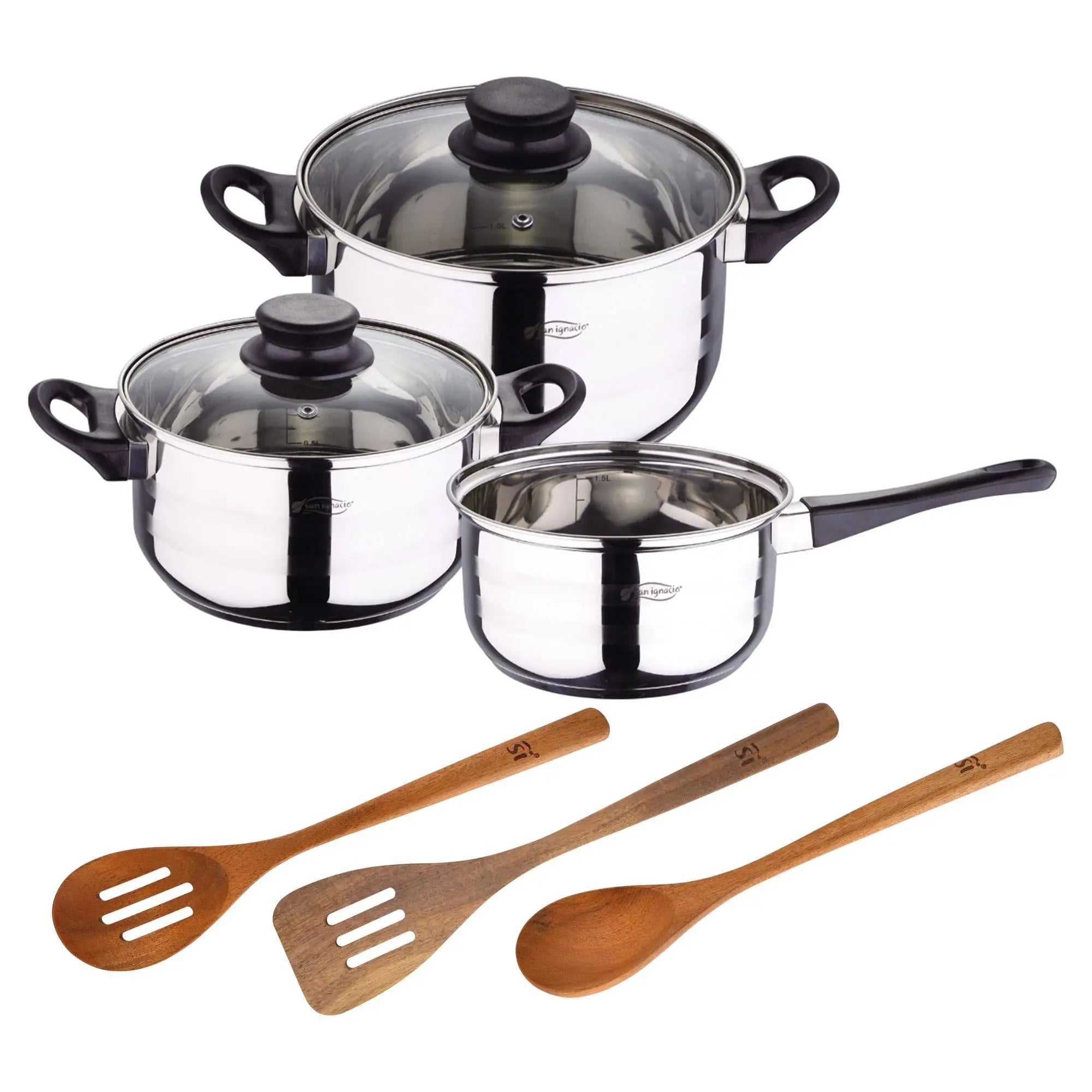 Toledo 5pc cookware set suitable for induction + San Ignacio AGROS 3pc acacia wood kitchen utensil set