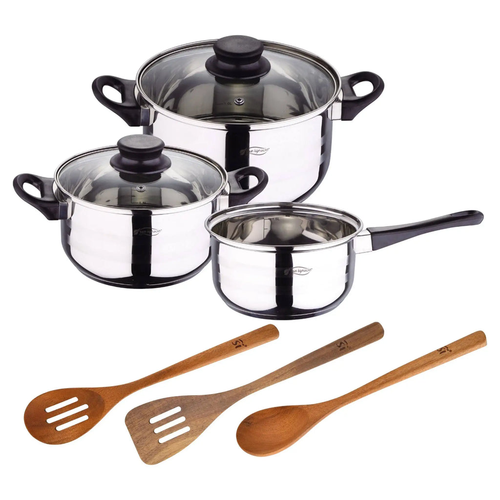 Toledo 5pc cookware set suitable for induction + San Ignacio AGROS 3pc acacia wood kitchen utensil set
