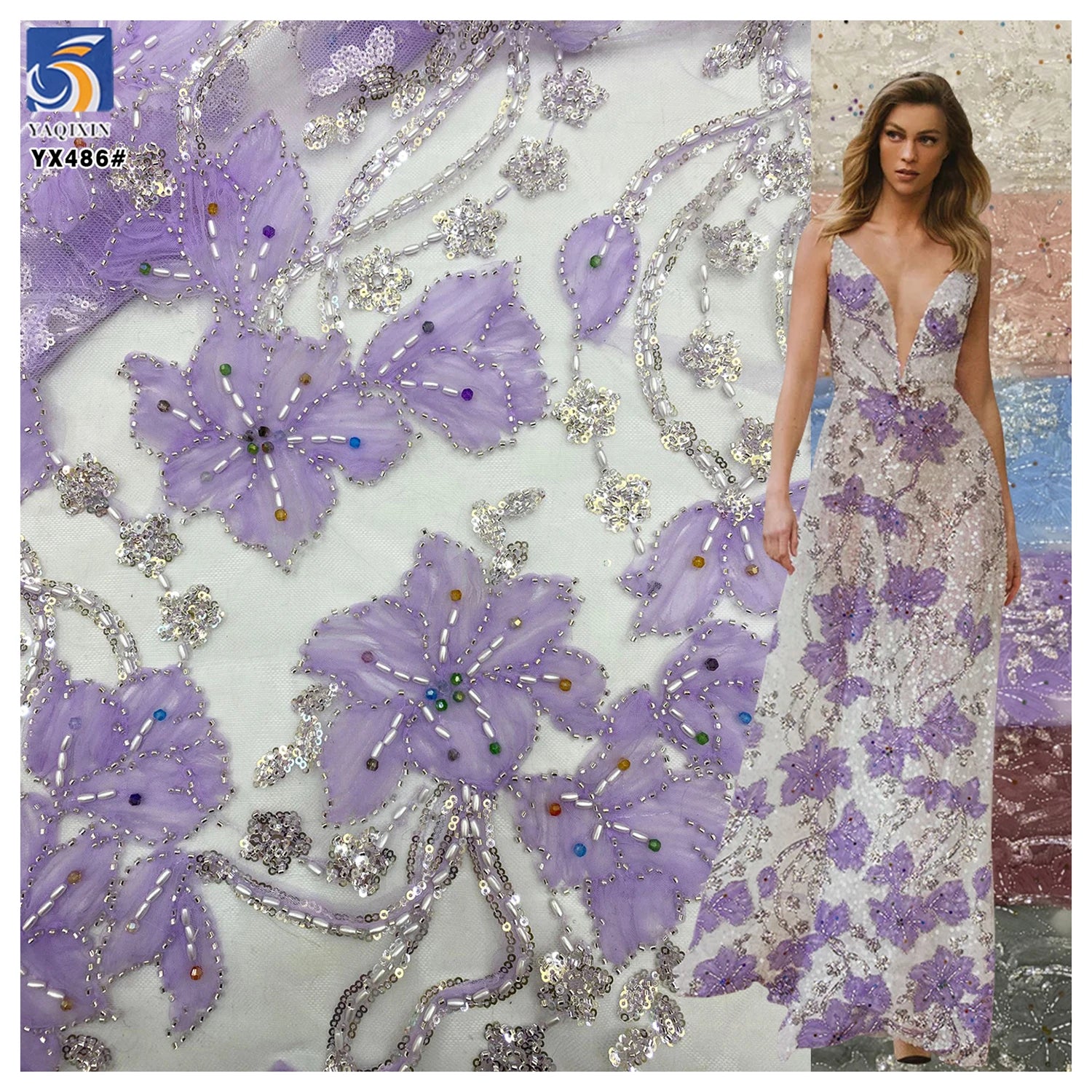 YX486 Custom Lace Fabric Italy High-End New Purple Embroidered Beaded Shiny Sequin Lace Fabric Flower Laces