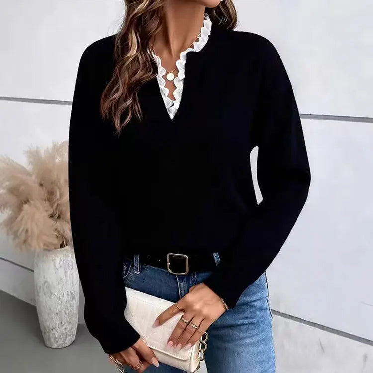 2025 Autumn Winter New Cross-Border EU/US Women's Knit Top - Fashion Lace Trim V-Neck Solid Loose Long Sleeve-2