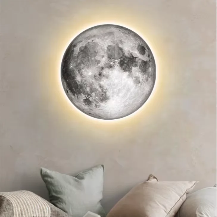 Star Moon Earth Nordic Home Decor Wall Art Prints Posters Round Canvas Frame Diamond Moon Painting with Led Light