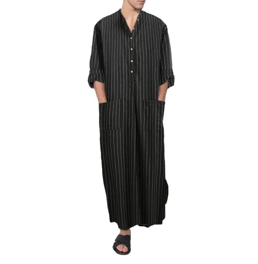 Men's Linen Kaftan Robe Muslim Striped V-Neck Shirt with Long Sleeves Dubai Islamic Abaya Dress From Middle East