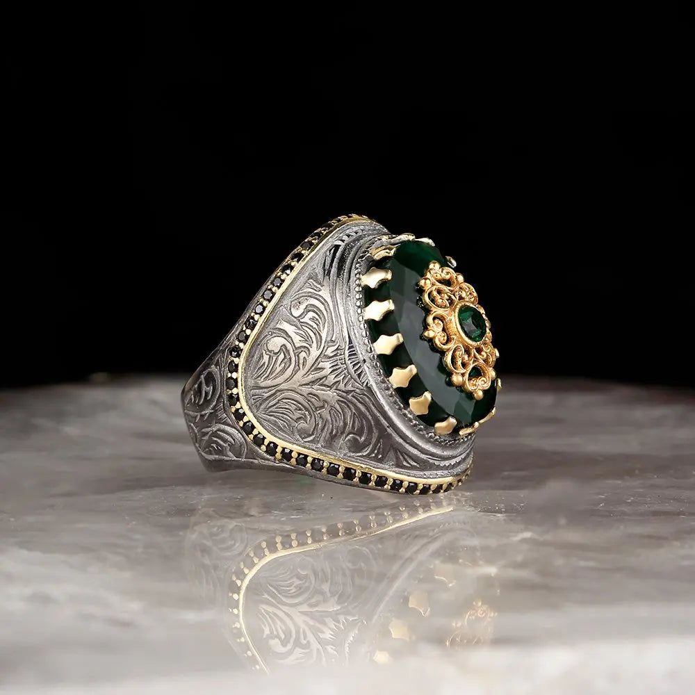 Wholesale 925 Sterling Made Ottoman Style Men's Ring. Rhodium and Gold Bi-color Turkey Model RCEGYT-237 Made in Turkey